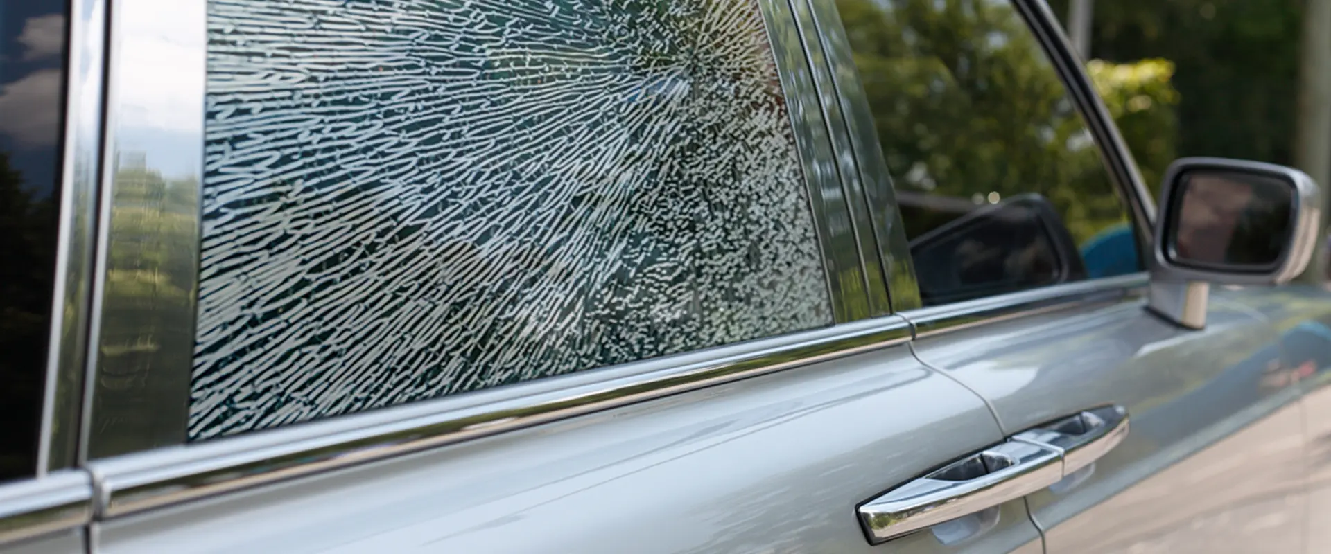Die zersprungene Fensterscheibe eines Autos.